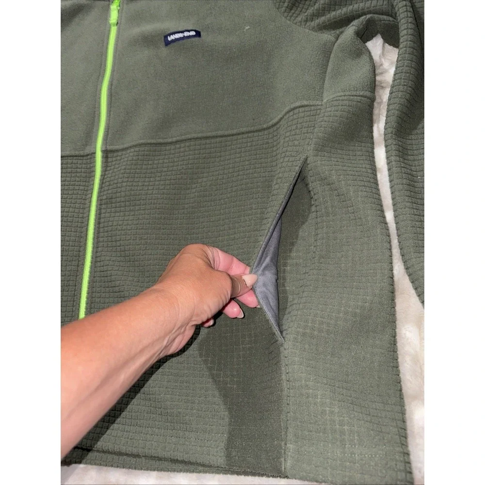 Lands End Full Zip Fleece Jacket Mens 2XL Green Lightweight Hiking Camping